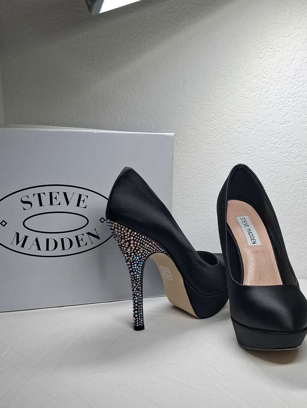 Steve Madden Black Satin Platform Pumps with Crystal Embellished Heels